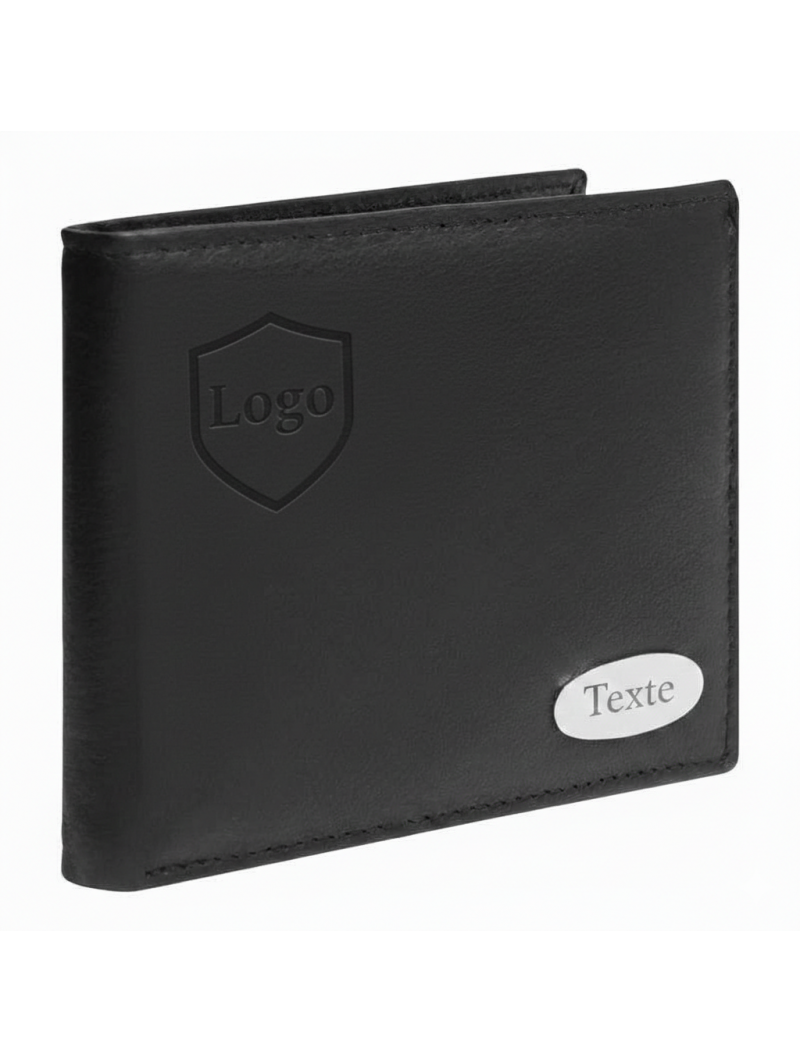 Porte-monnaie rectangulaire en cuir noir personnalisé avec logo par gravure