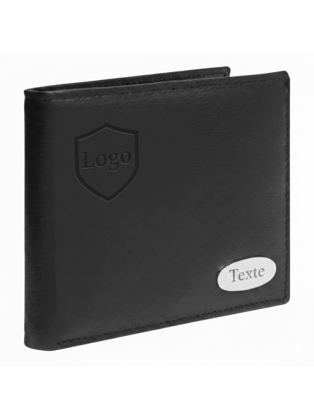 Porte-monnaie rectangulaire en cuir noir personnalisé avec logo par gravure