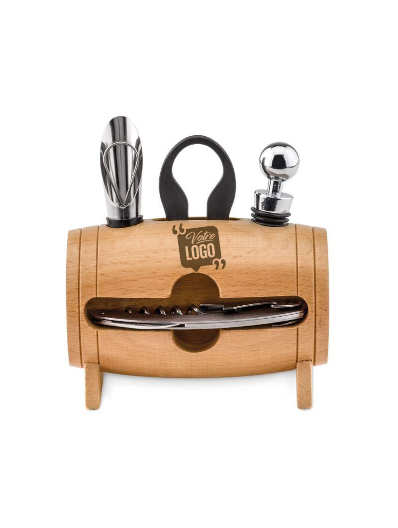 Mini Tonneau Bois 4 Accessoires Vin Personnalisé avec votre logo Entreprise