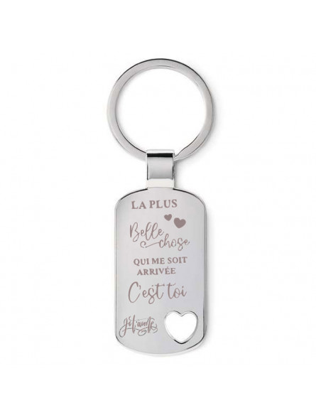 Porte-clés cœur métal gravé "La plus belle chose... Je t'aime" + prénom