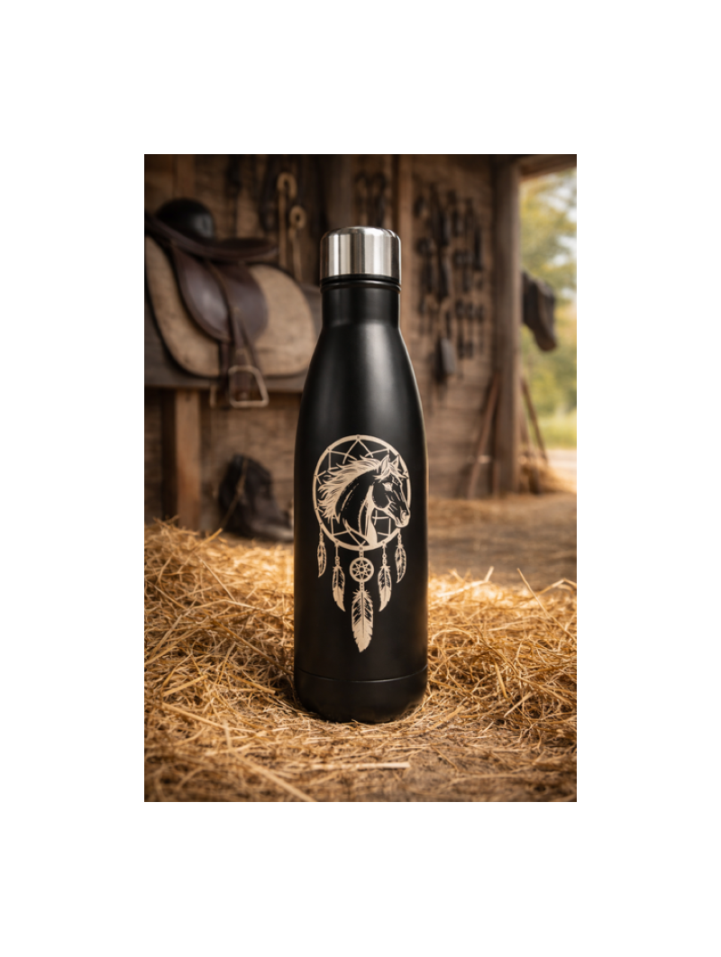 Bidon isotherme 550 ml noir personnalisé – Gravure cheval attrape‑rêve et texte au choix