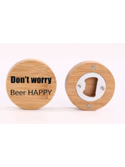 Décapsuleur magnétique en bambou – “Don't worry Be Happy”