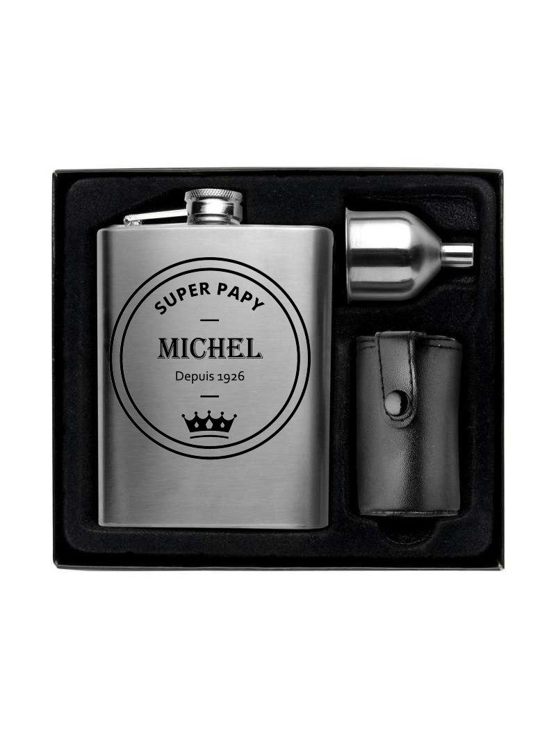 Set flasque "Super Papy” personnalisé avec prénom et année de naissance gravé