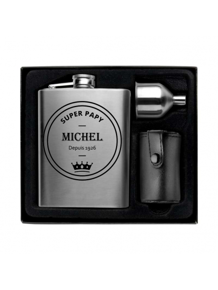 Set flasque "Super Papy” personnalisé avec prénom et année de naissance gravé