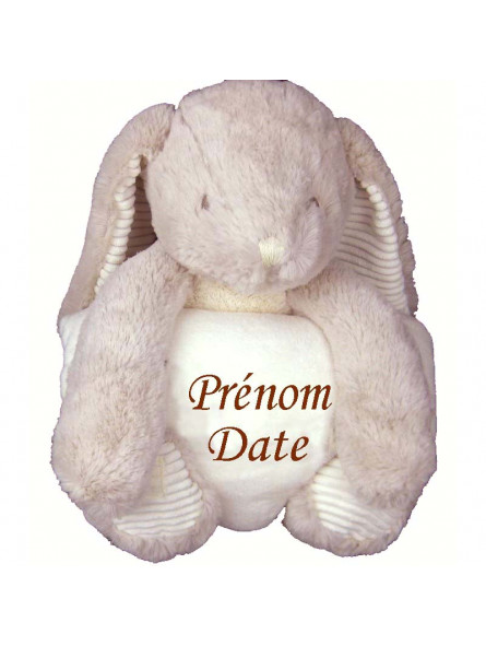 Peluche Lapin avec sa couverture brodée avec le prénom, la date de naissance du bébé