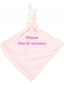 doudou rose layette lapin brodé avec le prénom de bébé et sa date de naissance