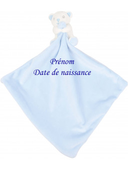 doudou bleu layette ourson brodé avec le prénom de bébé et sa date de naissance