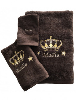 Serviette de bain marron chocolat personnalisé avec prénom et ♕ dorée brodée