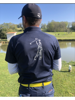 polo respirant bleu marine personnalisable avec golfeur brodé en gris argent