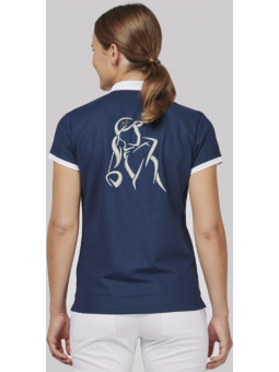 polo respirant bleu marine et blanc avec golfeuse brodée en blanc