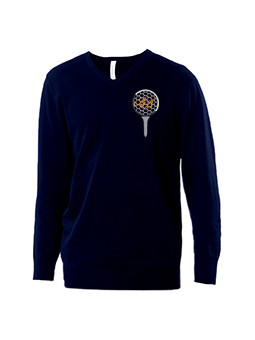 Pull homme bleu marine golfeur personnalisé col en V avec balle sur son tee brodé