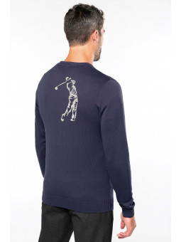 Pull homme bleu marine golfeur personnalisé col en V avec golfeur blanc brodé
