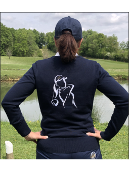 Pull femme bleu marine golfeuse personnalisé col en V avec golfeuse blanc brodé