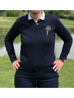 Pull femme bleu marine golfeuse personnalisé col en V avec balle sur son tee brodé