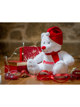 peluche ours de Noël personnalisé brodé avec le prénom et la date de naissance de bébé
