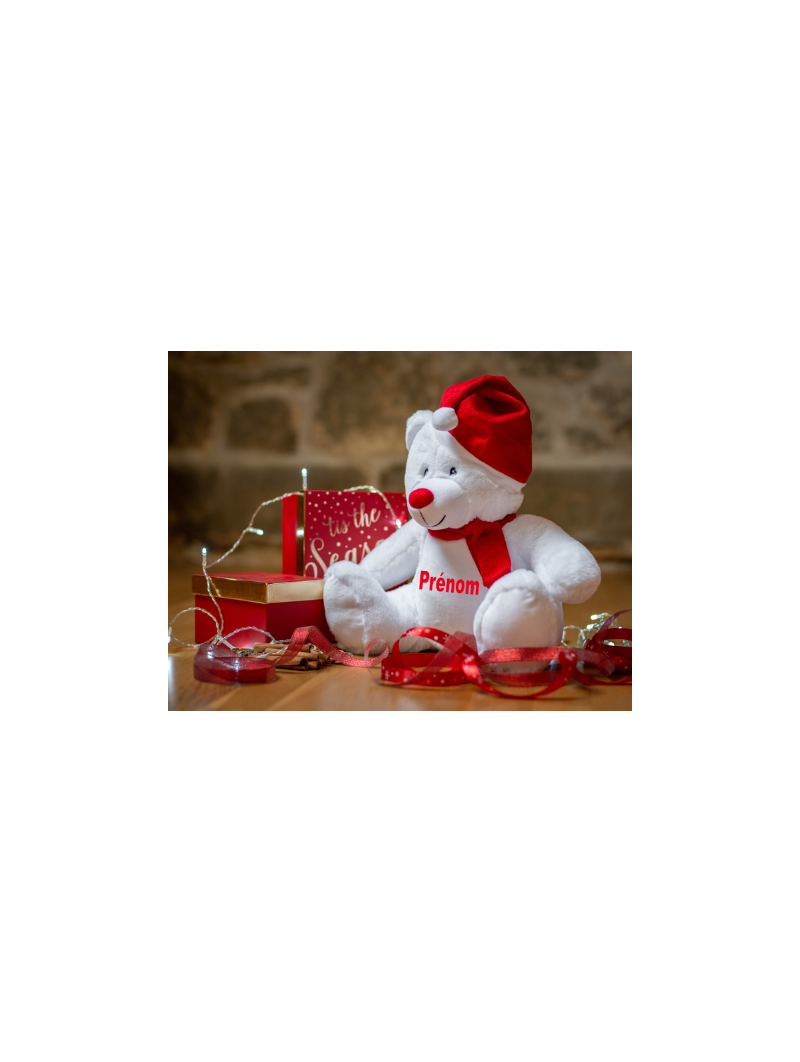 peluche ours de Noël personnalisé brodé avec le prénom et la date de naissance de bébé