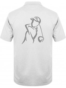 polo de golf blanc respirant pour homme avec golfeur stylisé brodé dans le dos