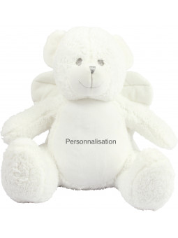 Peluche Ourson ange blanc brodé avec le prénom, la date de naissance du bébé