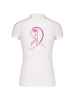 polo de golf blanc respirant femme au profit du ruban rose avec golfeuse brodée