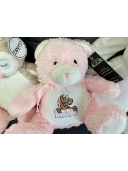 peluche ourson rose personnalisé avec prénom brodé. idée cadeau de naissance pour bébé fille