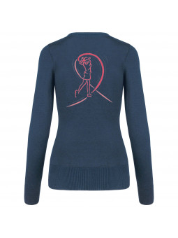 Pull de golf bleu profond pour femme avec golfeuse et Ruban Rose brodés