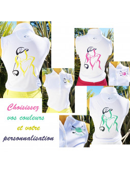 polo blanc sans manches pour femme personnalisées avec golfeuse brodée avec les couleurs de votre choix
