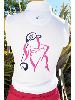 golfeuse brodée sur polo sans manches en rose et bleu marine