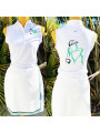 polo blanc sans manches pour femme personnalisées avec golfeuse brodée en vert clair et vert foncé