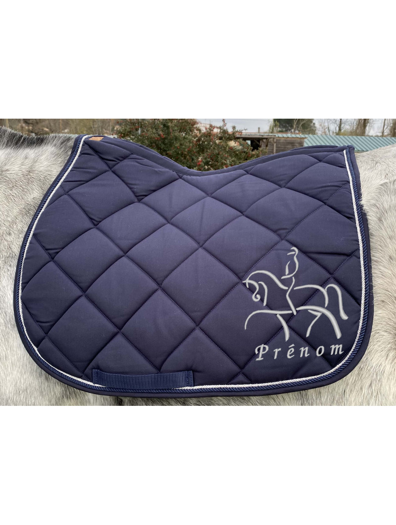 tapis de selle bleu marine cheval de dressage personnalisable avec prénom brodé