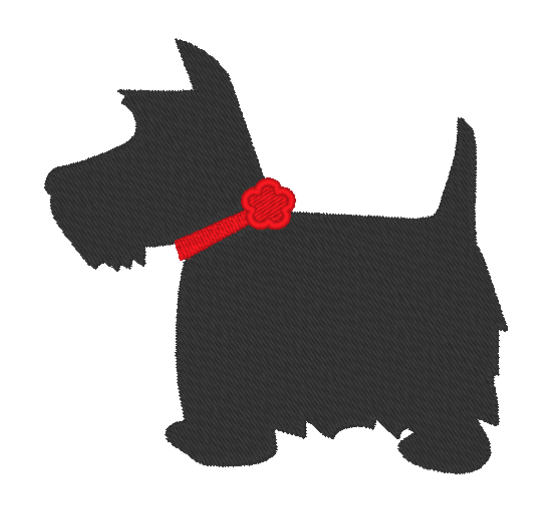 chien avec noeud rouge brodé
